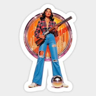 Urban Warrior Pinup Plaid Shirt and Ripped Jeans with a Shotgun Against a Future City Sticker